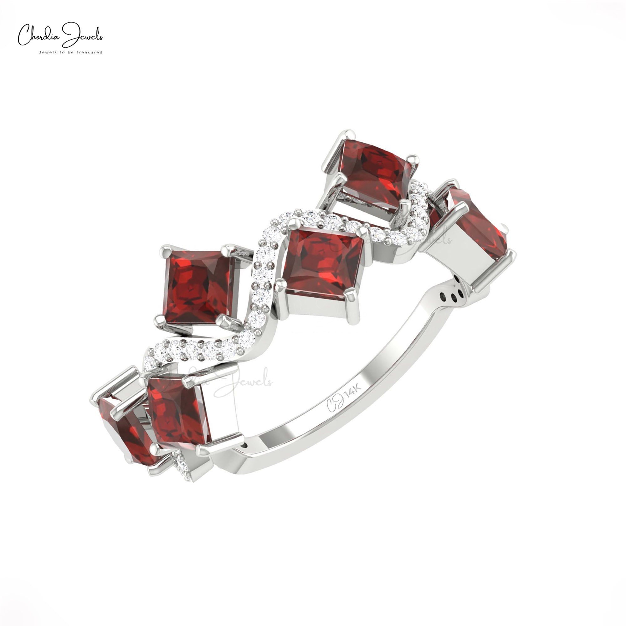 Cluster Diamond Ring In Solid 14k Gold Red Garnet 4mm Square Cut Half Eternity Rings