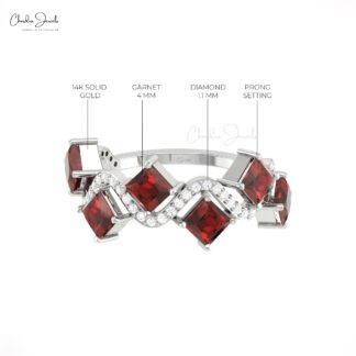 Cluster Diamond Ring In Solid 14k Gold Red Garnet 4mm Square Cut Half Eternity Rings