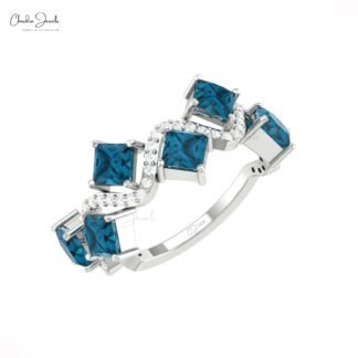 Six Stone Cluster Ring With 4mm London Blue Topaz And Diamond Pave In 14k Real Gold Rings