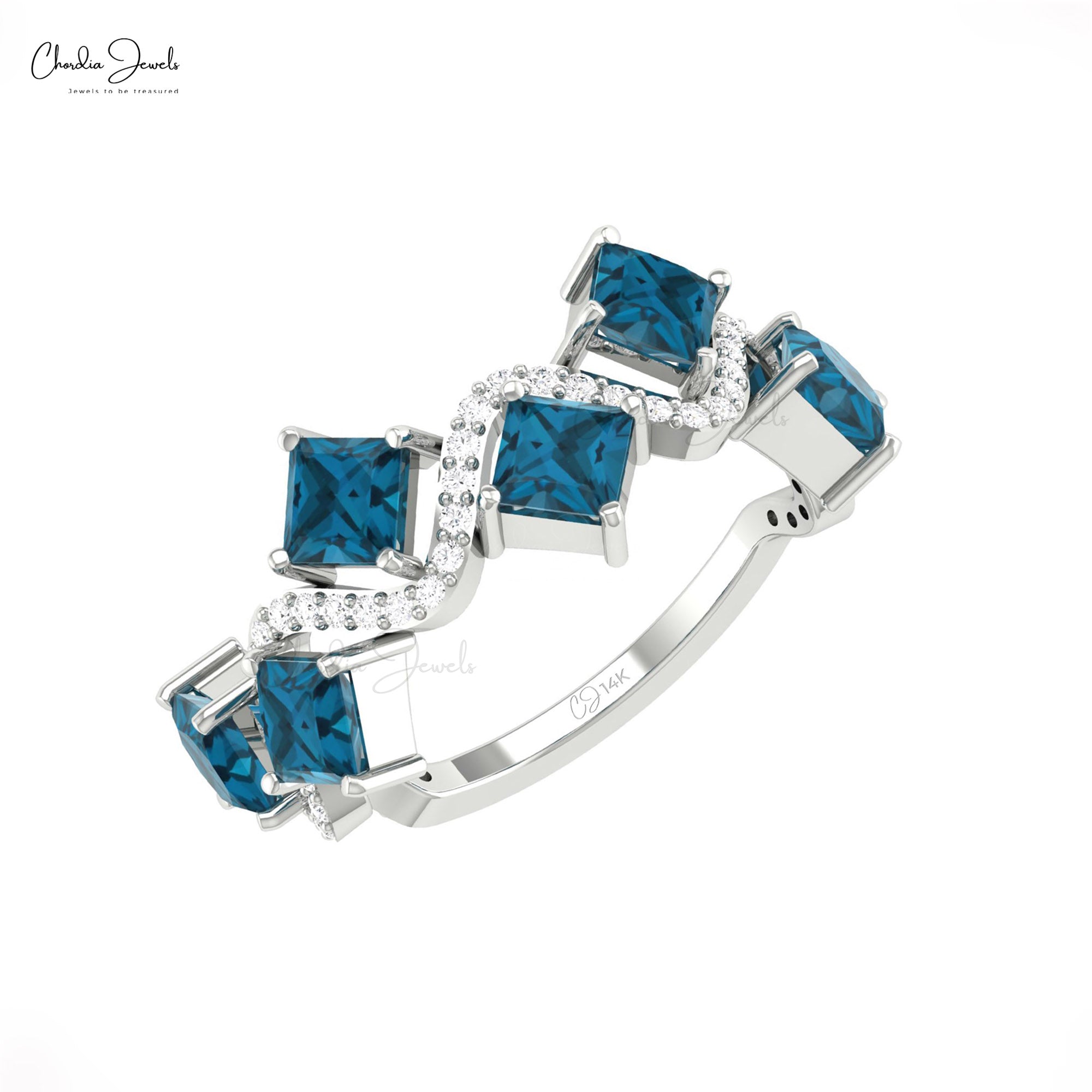 Six Stone Cluster Ring With 4mm London Blue Topaz And Diamond Pave In 14k Real Gold Rings