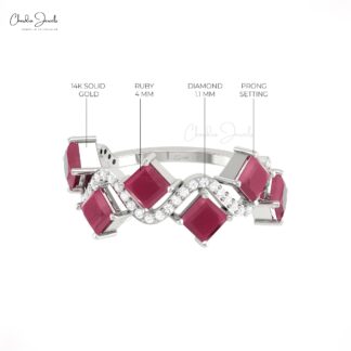 Square Cut Half Eternity Ring In 14k Real Gold Burma Ruby Diamond 6 Stone Wedding Rings