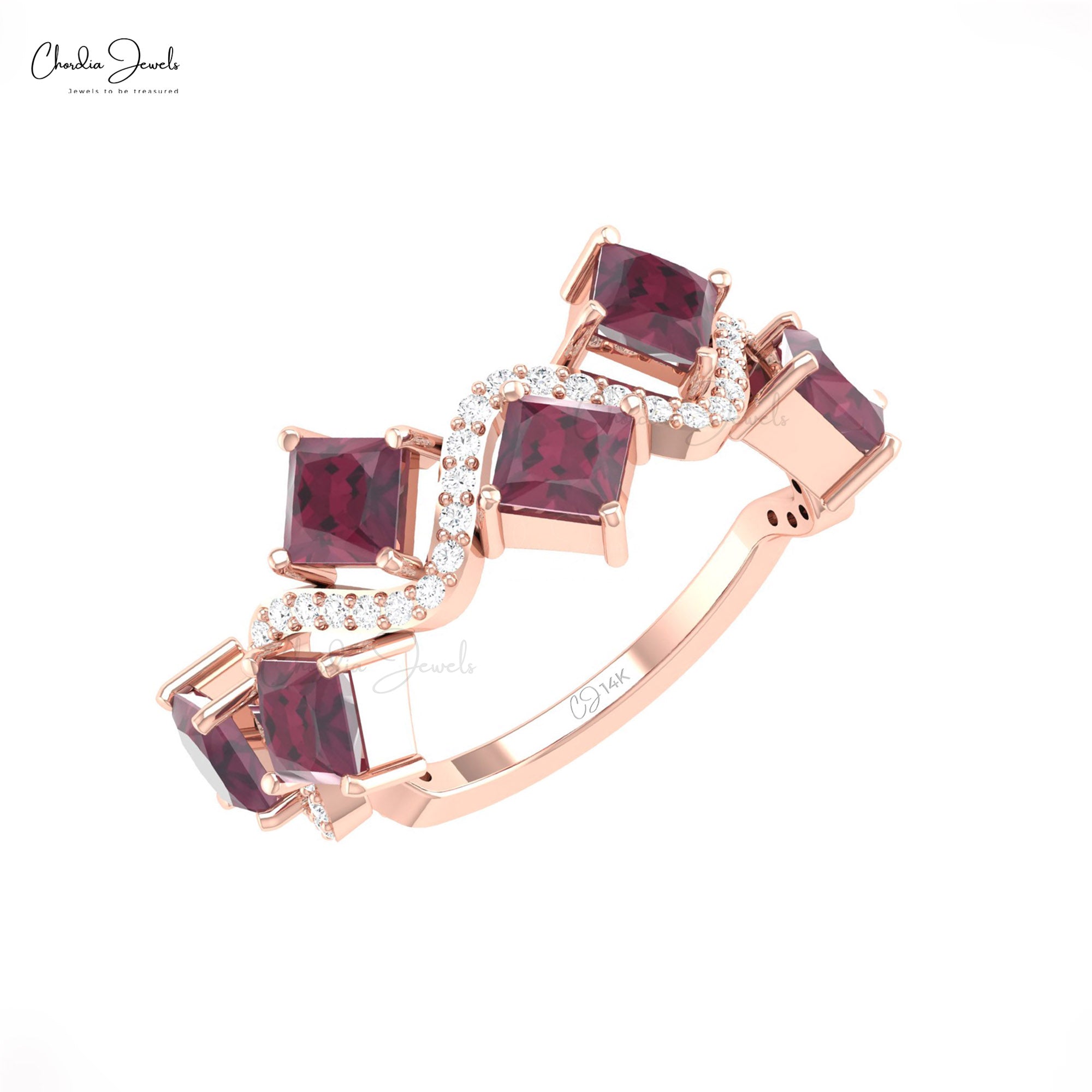 Natural Rhodolite Garnet Half Eternity Band In 14k Solid Gold Diamond Cluster Women Ring