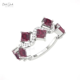 Natural Rhodolite Garnet Half Eternity Band In 14k Solid Gold Diamond Cluster Women Ring