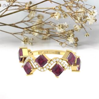 Natural Rhodolite Garnet Half Eternity Band In 14k Solid Gold Diamond Cluster Women Ring