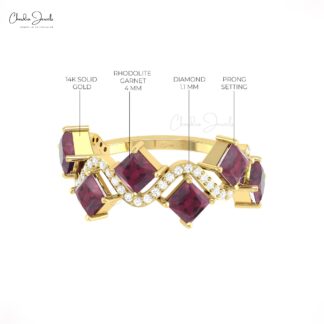 Natural Rhodolite Garnet Half Eternity Band In 14k Solid Gold Diamond Cluster Women Ring