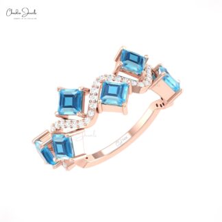 Wave Half Eternity Ring With 0.7 Ct Swiss Blue Topaz And Diamond 14k Real Gold Promise Ring