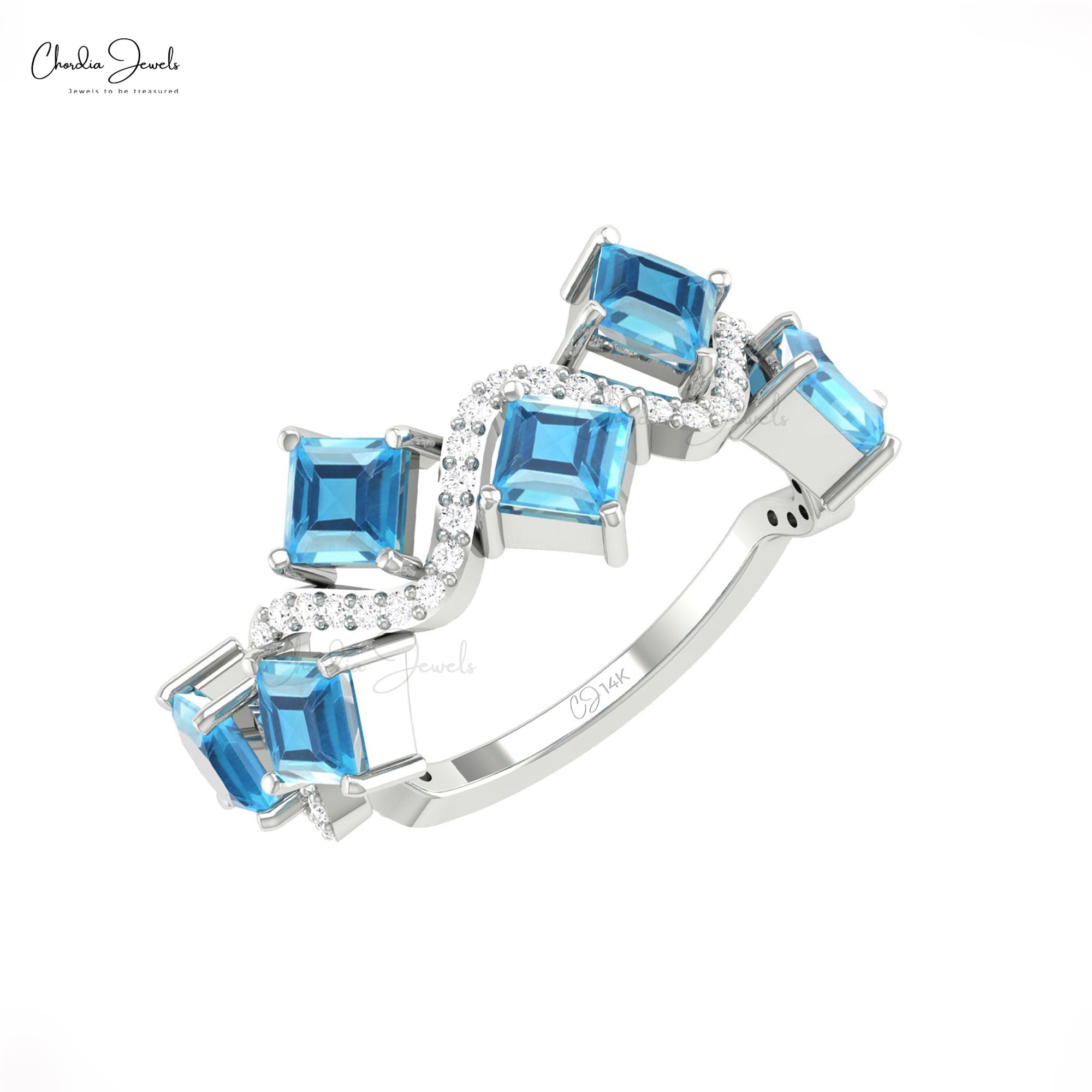 Wave Half Eternity Ring With 0.7 Ct Swiss Blue Topaz And Diamond 14k Real Gold Promise Ring