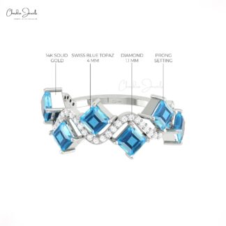 Wave Half Eternity Ring With 0.7 Ct Swiss Blue Topaz And Diamond 14k Real Gold Promise Ring