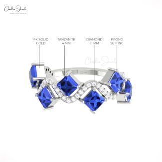 Dual Birthstone Half Eternity Ring With 4mm Tanzanite Diamond Pave In 14k Real Gold Ring