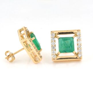 Square Emerald Halo Studs In 18k Yellow Gold Diamond Push Back Certified Earrings For Her