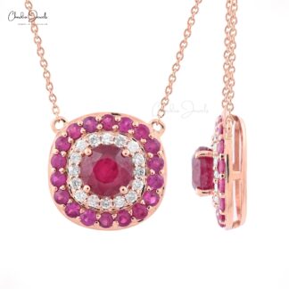 Cluster Halo Diamond Necklace In 14k Rose Gold Burma Ruby 2.54 Ct Gemstone Chain Necklaces