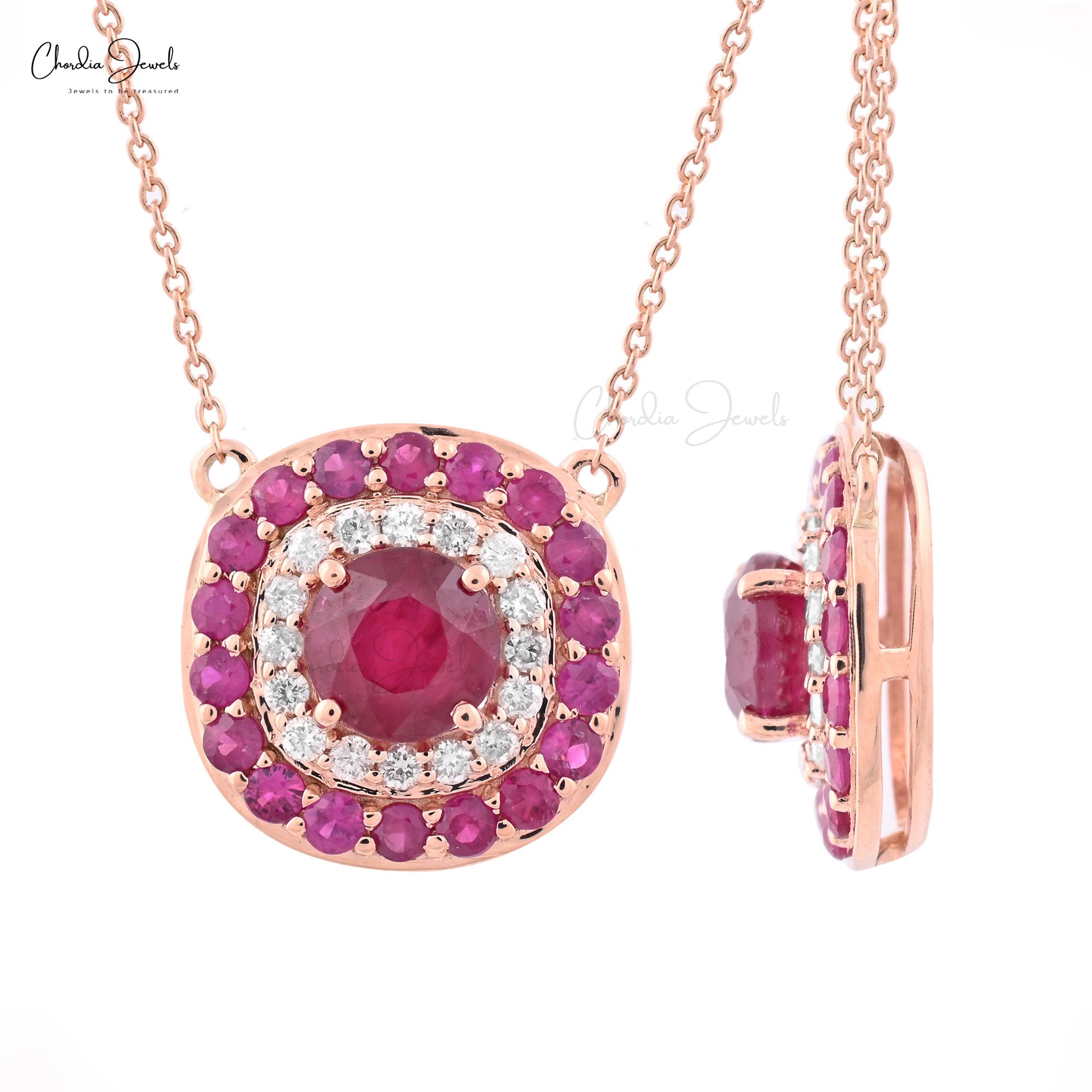 Cluster Halo Diamond Necklace In 14k Rose Gold Burma Ruby 2.54 Ct Gemstone Chain Necklaces