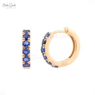 AAA Blue Sapphire Hoops With 2mm Gemstone Pave Set In 14k Yellow Gold Dainty Earrings