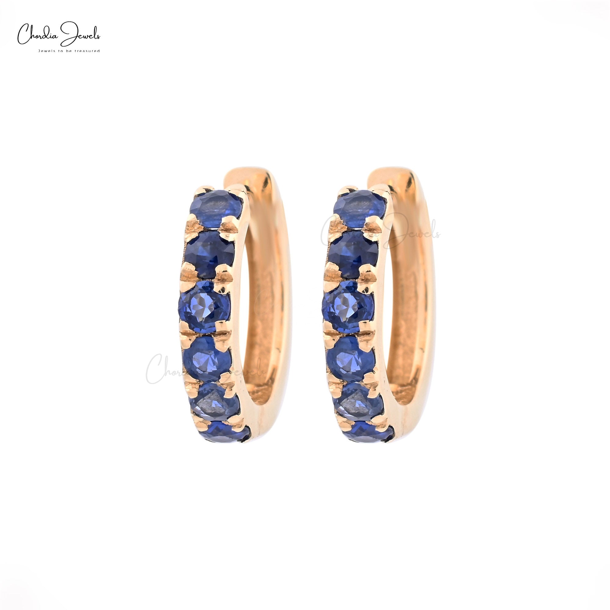 AAA Blue Sapphire Hoops With 2mm Gemstone Pave Set In 14k Yellow Gold Dainty Earrings