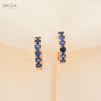 AAA Blue Sapphire Hoops With 2mm Gemstone Pave Set In 14k Yellow Gold Dainty Earrings