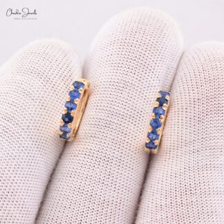 AAA Blue Sapphire Hoops With 2mm Gemstone Pave Set In 14k Yellow Gold Dainty Earrings