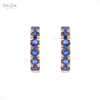AAA Blue Sapphire Hoops With 2mm Gemstone Pave Set In 14k Yellow Gold Dainty Earrings