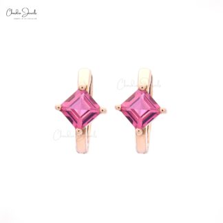 Solitaire Huggies Hoop With 0.6 Ct Pink Tourmaline Latch Back Earrings In 14k Rose Gold