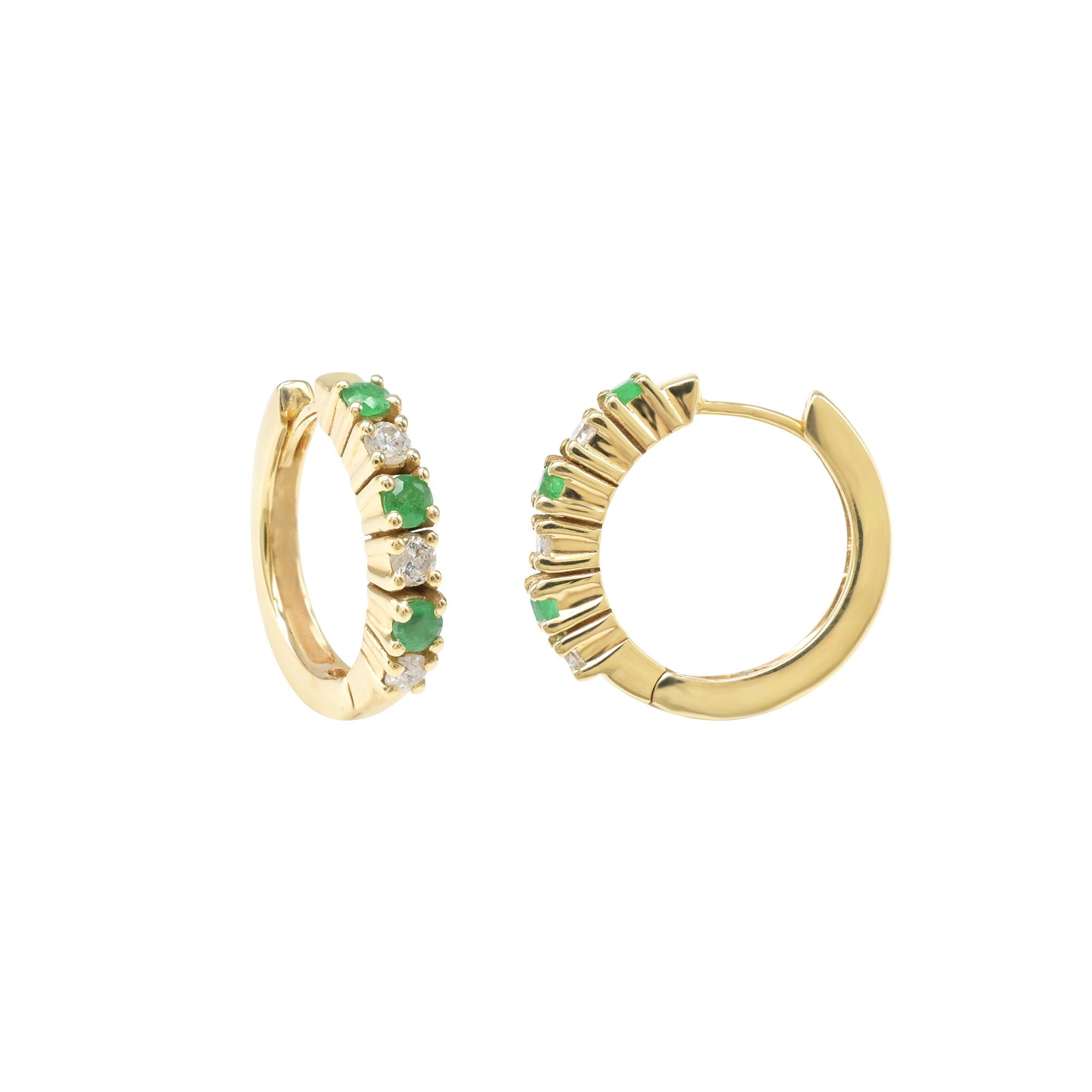 Round Cut Huggie Hoops With 2mm Emerald Diamond Latch Back Earrings In 14k Yellow Gold