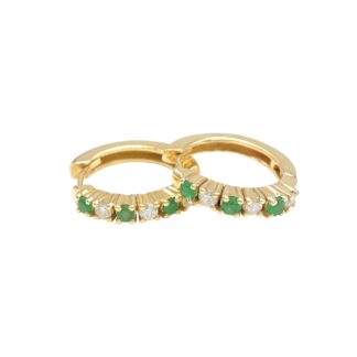 Round Cut Huggie Hoops With 2mm Emerald Diamond Latch Back Earrings In 14k Yellow Gold
