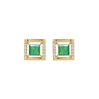 Square Emerald Halo Studs In 18k Yellow Gold Diamond Push Back Certified Earrings For Her