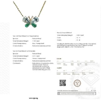 Pear Aquamarine Butterfly Necklace In 14k Yellow Gold Emerald G-H Diamond Verified Jewelry