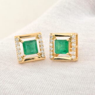 Square Emerald Halo Studs In 18k Yellow Gold Diamond Push Back Certified Earrings For Her