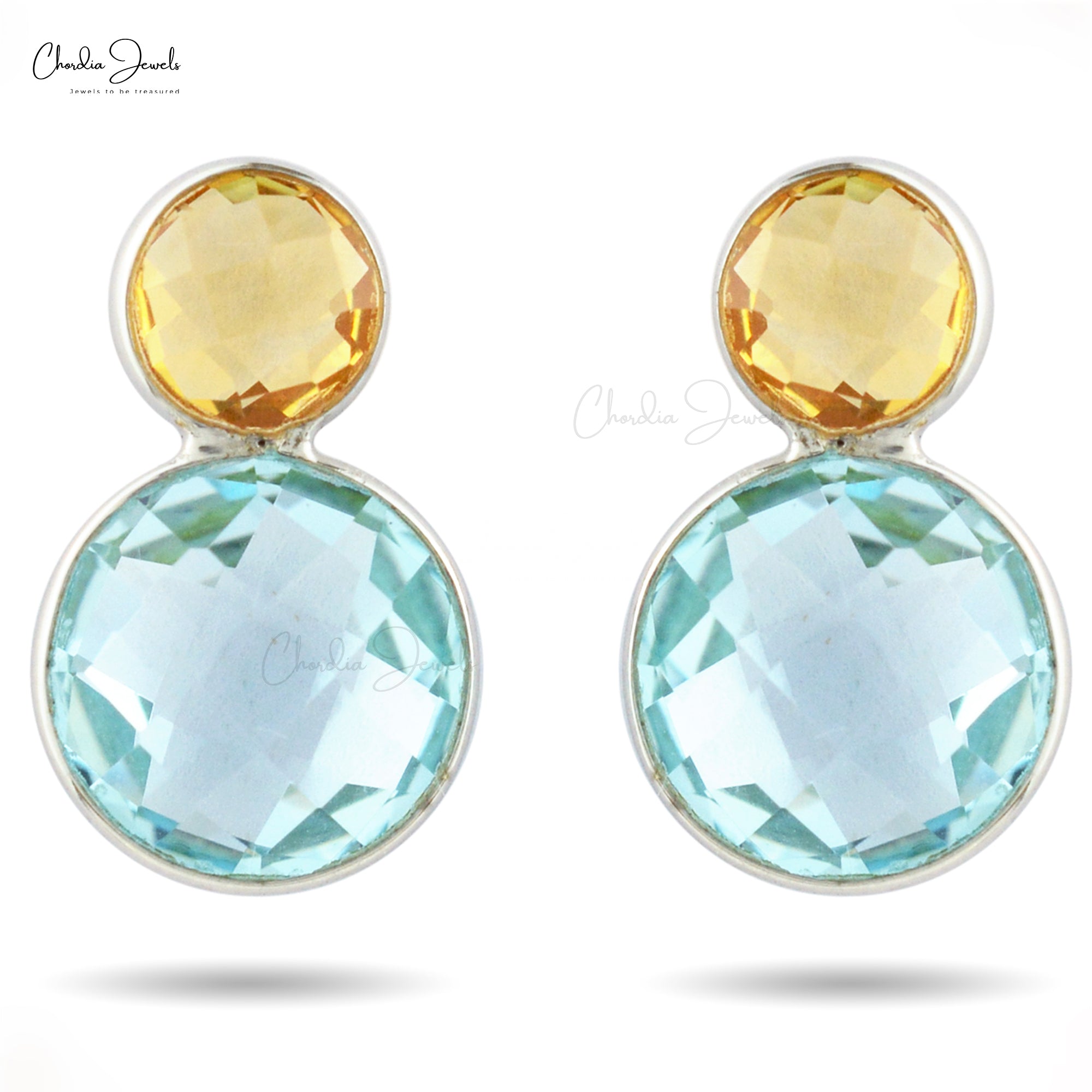Two Stone Stud Earrings In 925 Sterling Silver Swiss Blue Topaz And Citrine Studs
