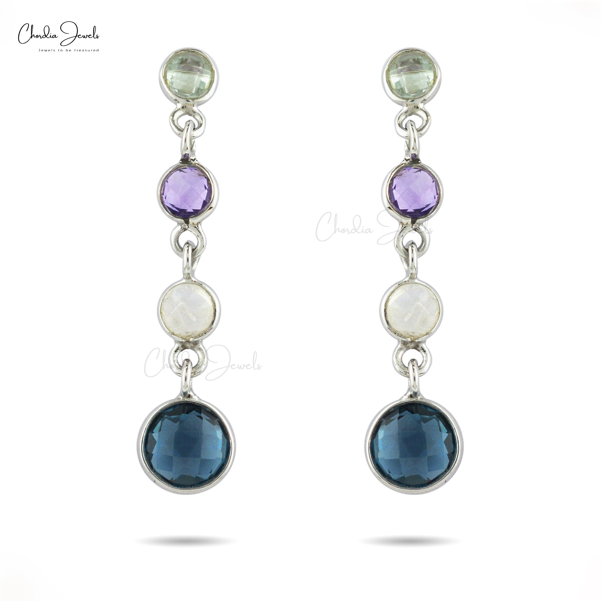Four Stone Push Back Earrings In 925 Sterling Silver Multi Gemstone Women Earrings