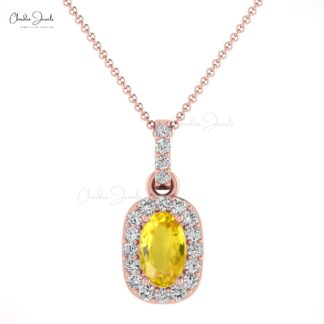 Real Halo Diamond 14k Solid Gold Pendant With 7x5mm Yellow Sapphire Women Necklace