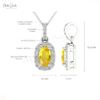 Real Halo Diamond 14k Solid Gold Pendant With 7x5mm Yellow Sapphire Women Necklace