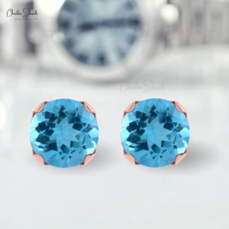 Single Stone Push Back Stud With 4mm Swiss Blue Topaz 14k Pure Gold Solitaire Earrings