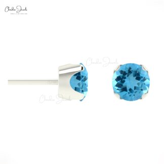 Single Stone Push Back Stud With 4mm Swiss Blue Topaz 14k Pure Gold Solitaire Earrings