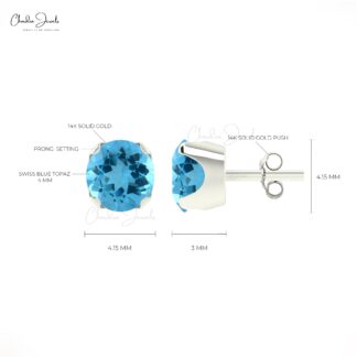 Single Stone Push Back Stud With 4mm Swiss Blue Topaz 14k Pure Gold Solitaire Earrings