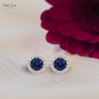 Halo Diamond Women Studs With 4mm Blue Sapphire Push Back Earrings In 14k Real Gold