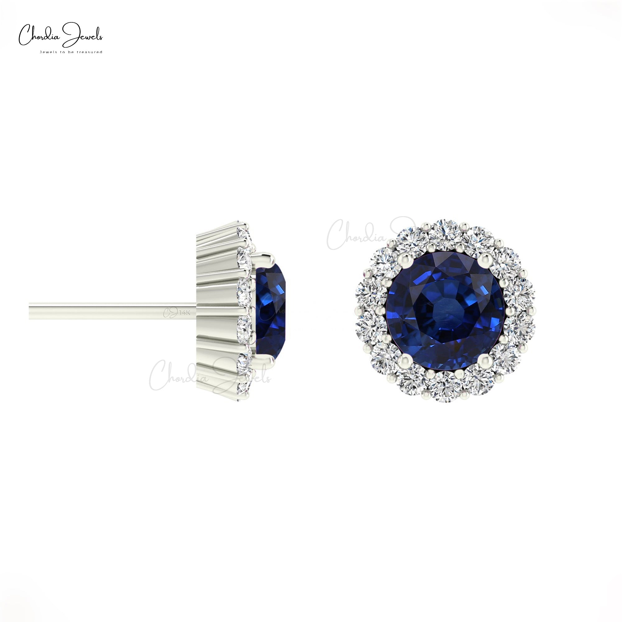 Halo Diamond Women Studs With 4mm Blue Sapphire Push Back Earrings In 14k Real Gold