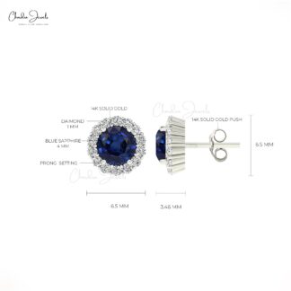 Halo Diamond Women Studs With 4mm Blue Sapphire Push Back Earrings In 14k Real Gold