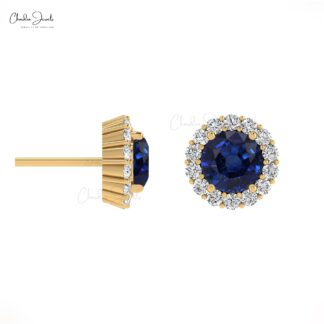 Halo Diamond Women Studs With 4mm Blue Sapphire Push Back Earrings In 14k Real Gold