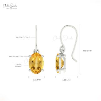 Ear Wire Dangle Earring In 14k Real Gold Citrine 7x5mm Gemstone Solitaire Earrings For Her