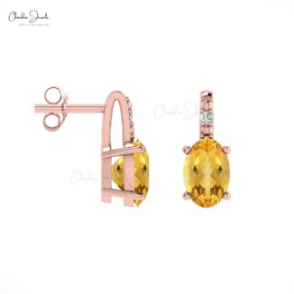 Pave Set 1mm Round Diamond Earrings in 14k Gold with Citrine November Birthstone Gift for Her