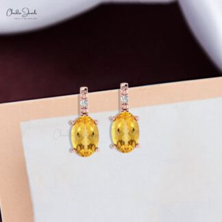 Pave Set 1mm Round Diamond Earrings in 14k Gold with Citrine November Birthstone Gift for Her