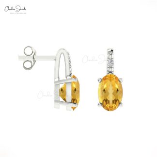Pave Set 1mm Round Diamond Earrings in 14k Gold with Citrine November Birthstone Gift for Her