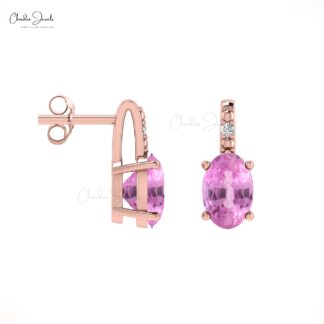 Pure 14k Gold 2 Stone Studs With 1.16 Ct Oval Pink Sapphire And Diamond Wedding Earrings