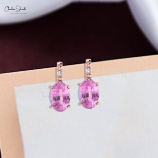 Pure 14k Gold 2 Stone Studs With 1.16 Ct Oval Pink Sapphire And Diamond Wedding Earrings
