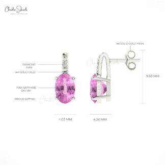 Pure 14k Gold 2 Stone Studs With 1.16 Ct Oval Pink Sapphire And Diamond Wedding Earrings