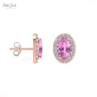 Oval Halo Diamond Earrings In 14k Solid Gold Pink Sapphire Gemstone Handmade Studs