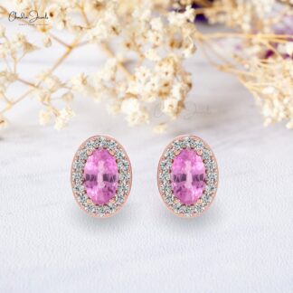 Oval Halo Diamond Earrings In 14k Solid Gold Pink Sapphire Gemstone Handmade Studs