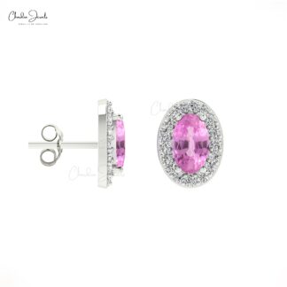 Oval Halo Diamond Earrings In 14k Solid Gold Pink Sapphire Gemstone Handmade Studs