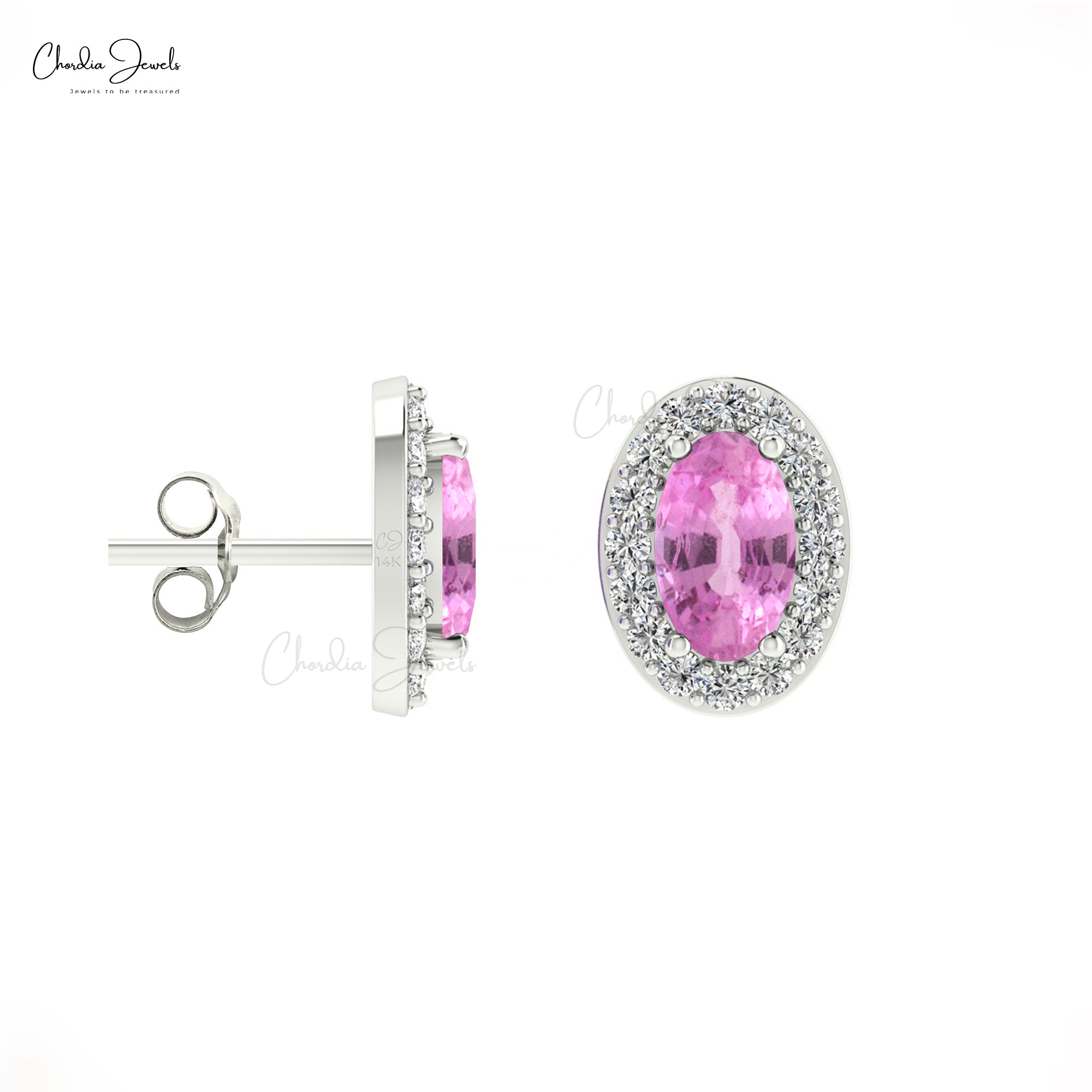Oval Halo Diamond Earrings In 14k Solid Gold Pink Sapphire Gemstone Handmade Studs