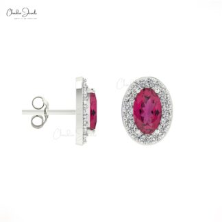 Solid 14k Gold Halo Diamond Stud With Oval Cut 7x5mm Pink Tourmaline Earrings For Women
